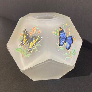 Vtg Westmoreland Satin Glass Fairy Lamp Monarch Butterflies Pentagon Frosted 2pc